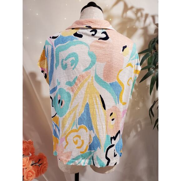 Rachel Zoe Womens 100% Linen Split Neck Short Sleeve Top Size XL Artsy Abstract - Picture 3 of 9